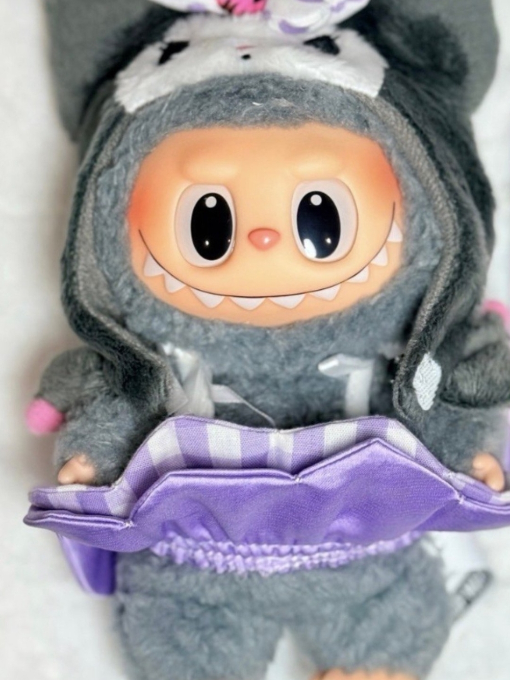 Gray Plush Small Pet Outfit with Lavender Skirt
